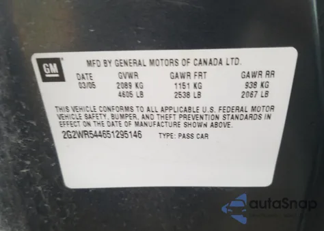 2005 Pontiac Grand Prix Gtp z USA, uszkodzony, nr VIN 2G2WR544651295146